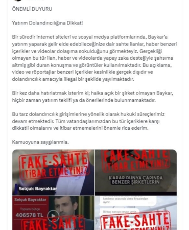 Baykar Yönetim Kurulu Başkanı Selçuk Bayraktar’dan dolandırıcılık uyarısı