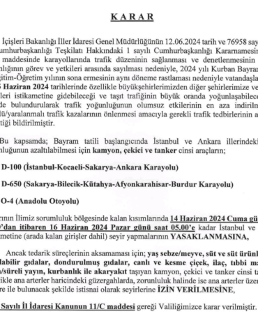 Kamyon, çekici ve tanker cinsi araçlara 1 günlük yasak