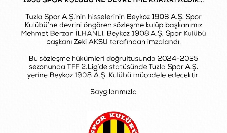 Tuzlaspor, hisselerini Beykoz 1908 SK’ya devrettiğini açıkladı