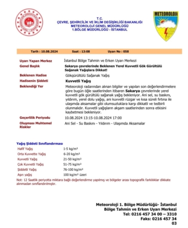 Sakarya Valiliği sağanağa karşı uyardı