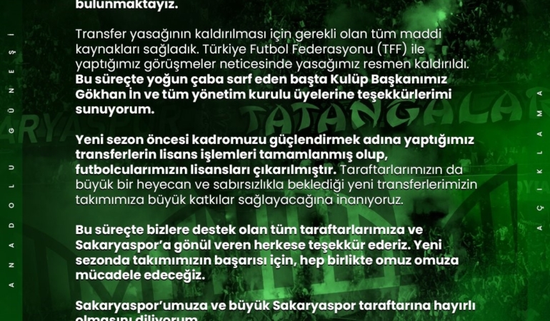 Sakaryaspor’un transfer yasağı resmen kalktı