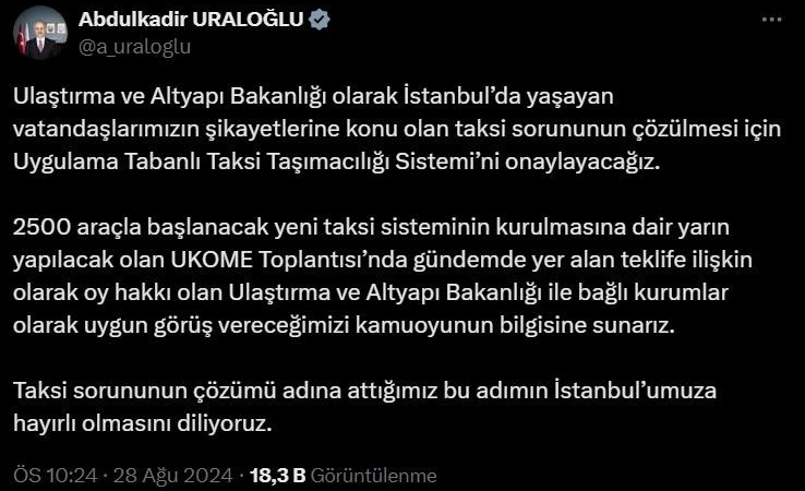 Ulaştırma ve Altyapı Bakanı Uraloğlu: "Uygulama Tabanlı Taksi Taşımacılığı Sistemi’ni onaylayacağız"