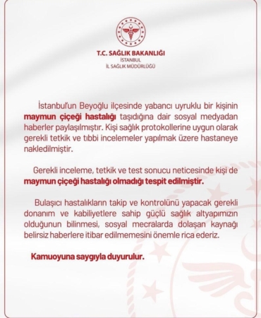 İstanbul İl Sağlık Müdürlüğü’nden "İstanbul’da maymun çiçeği görüldü" iddialarına ilişkin açıklama