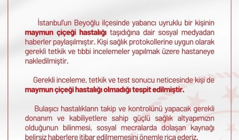 İstanbul İl Sağlık Müdürlüğü’nden "İstanbul’da maymun çiçeği görüldü" iddialarına ilişkin açıklama