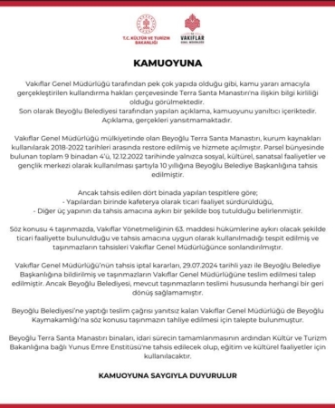 Vakıflardan ‘Terra Santa Manastırı’na ilişkin açıklama