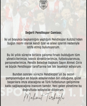Pendikspor’da Başkan Mahmut Türkoğlu istifa etti