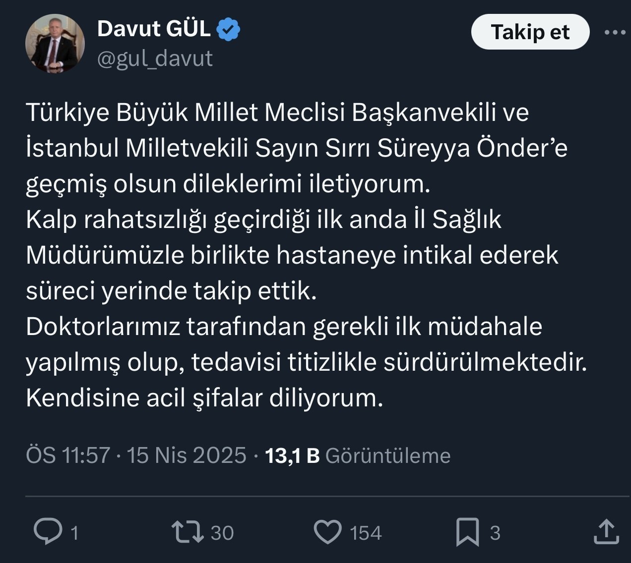 İstanbul Valisi Davut Gül, Sırrı Süreyya Önder’in durumu hakkında paylaşımda bulundu