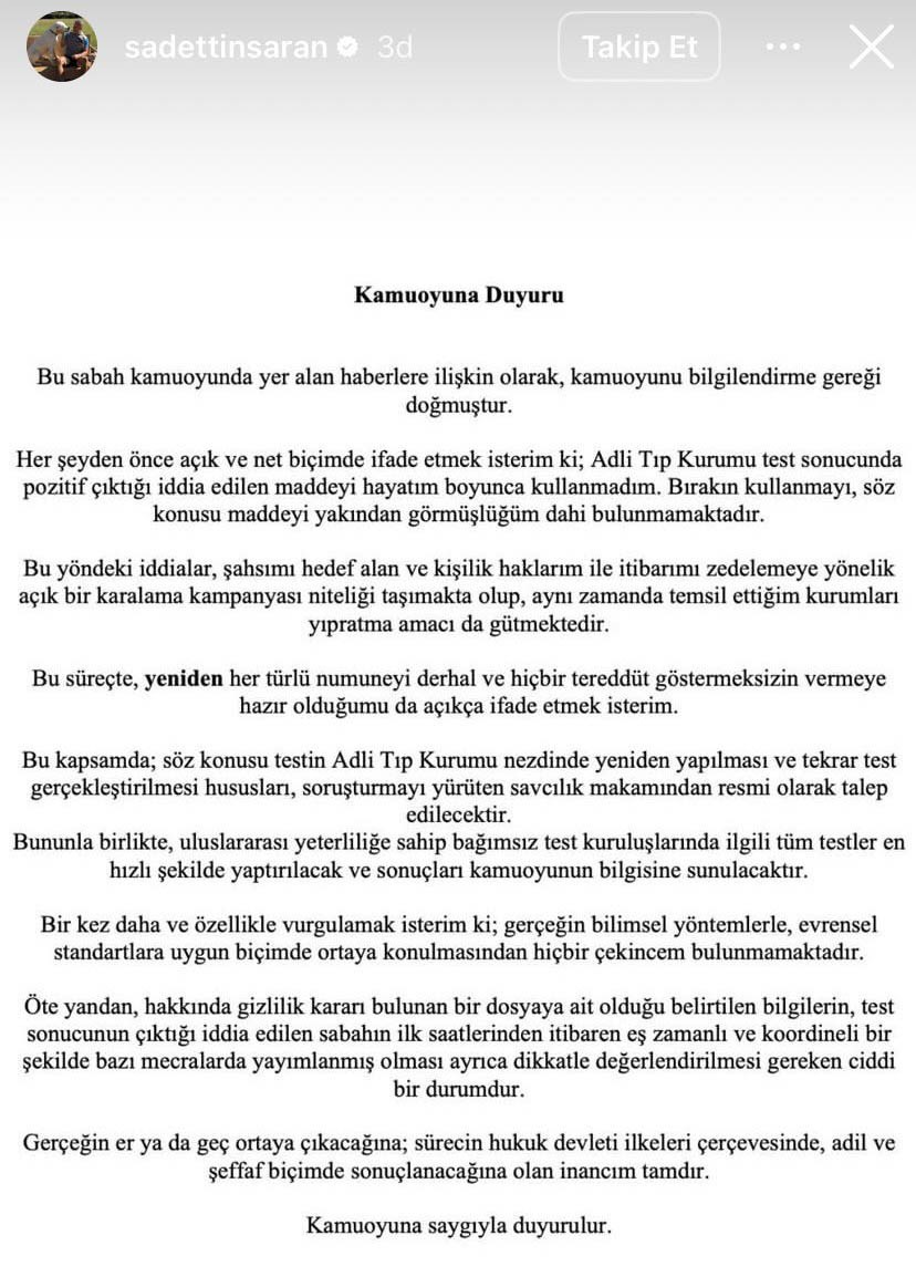 Sadettin Saran: "Test sonucunda pozitif çıktığı iddia edilen maddeyi hayatım boyunca kullanmadım"
