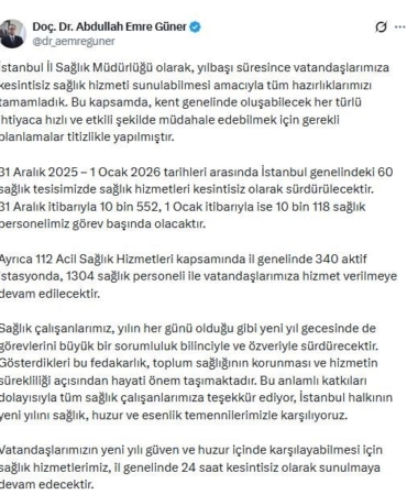 İstanbul’da yılbaşı hazırlığı: 31 Aralık’ta 10 bin 552 sağlık çalışanı görevinin başında olacak