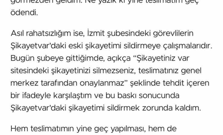 Şikayetini yazınca "Şikayetini silmezsen, paranı alamazsın" cevabını aldı