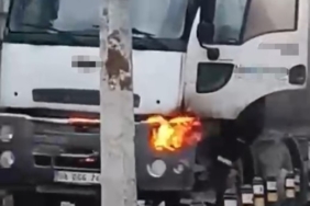 Beton kamyonu alev aldı, esnaf güçlükle söndürebildi