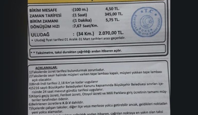Bursa’da taksi ücretlerine zam: Yeni tarife belli oldu