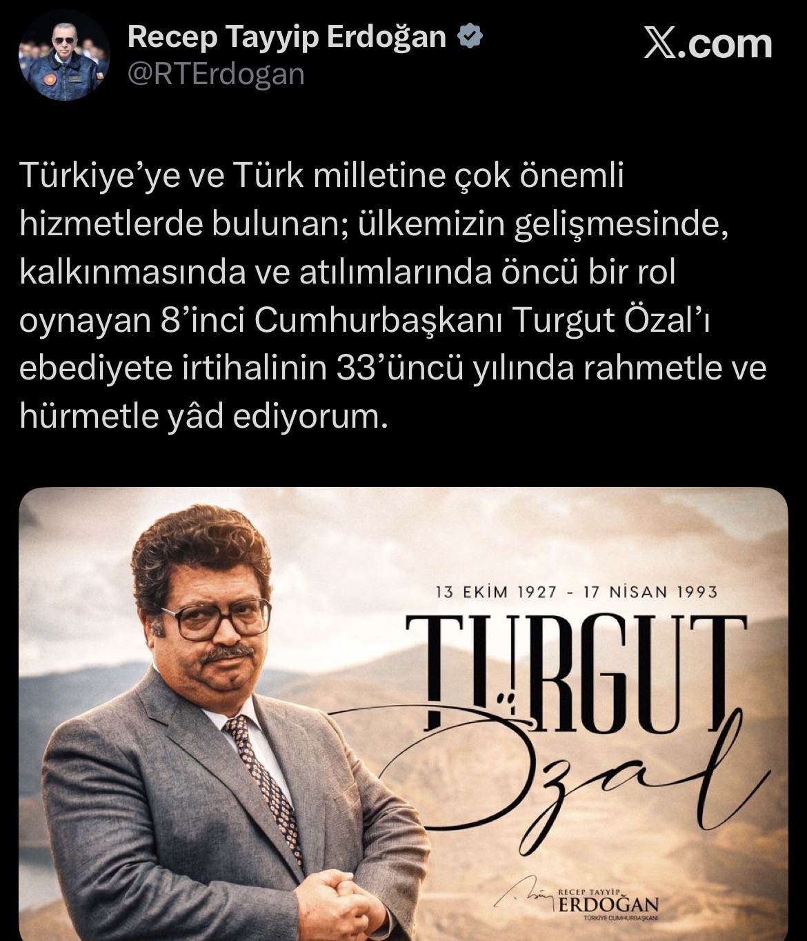 Cumhurbaşkanı Erdoğan, Turgut Özal’ı vefat yıl dönümünde andı