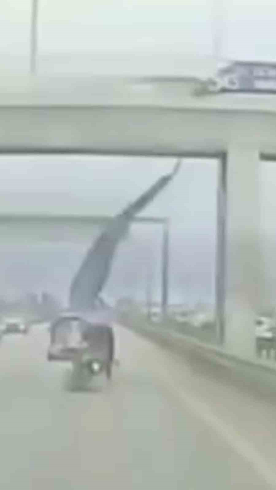 Köprüden sarkan reklam afişi motosikletliyi savurdu