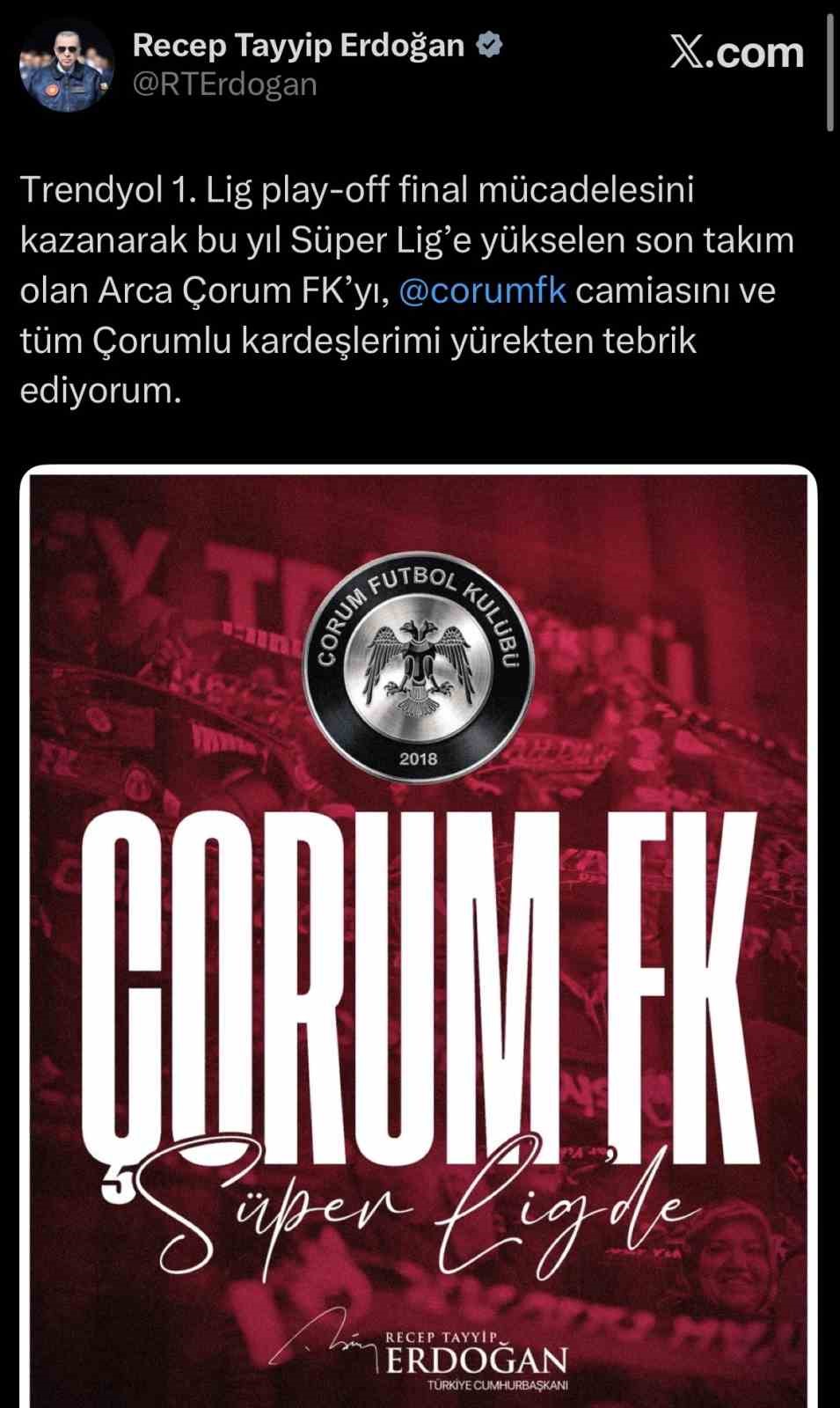 Cumhurbaşkanı Erdoğan, Süper Lig’e yükselen Çorum FK’yı tebrik etti