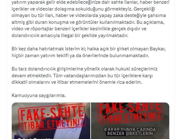 Baykar Yönetim Kurulu Başkanı Selçuk Bayraktar’dan dolandırıcılık uyarısı