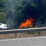 Otoyolda alev alev yandı: Otomobilden geriye demir yığını kaldı