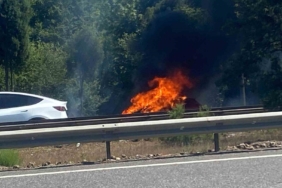 Otoyolda alev alev yandı: Otomobilden geriye demir yığını kaldı