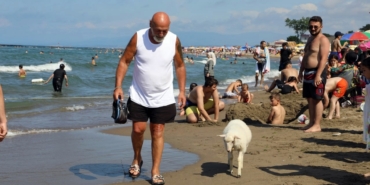 Sahibi ile sahile inen minik kuzu ilgi odağı oldu