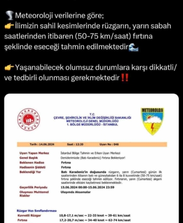 Sakarya’nın sahil kesimleri için Valilikten fırtına uyarısı