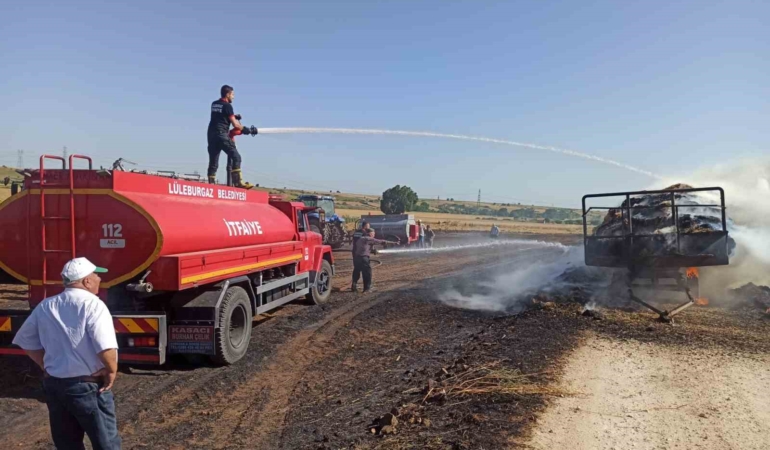 Saman balyası yüklü römork yandı
