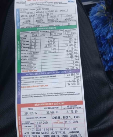 Kapaklı’da şoke eden su faturası: Evine 268 bin lira su faturası geldi