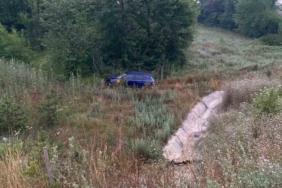 Kaza yapan otomobil, yeşil alana savruldu