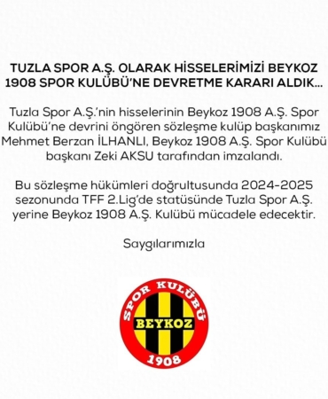 Tuzlaspor, hisselerini Beykoz 1908 SK’ya devrettiğini açıkladı