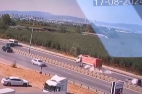 Hafriyat kamyonunun lastiği bomba gibi patladı, o anlar kamerada