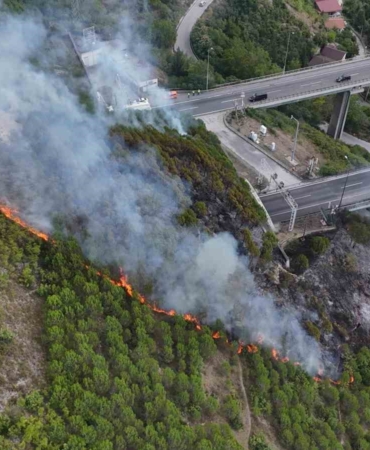 Tünelin üstündeki ağaçlık alanda yangın çıktı