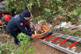 Kamyon ağaçlık alana uçtu: Sıkışan sürücü ağır yaralandı