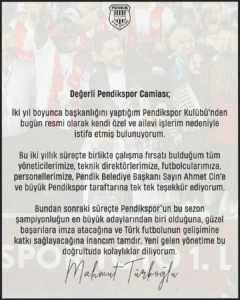 Pendikspor’da Başkan Mahmut Türkoğlu istifa etti