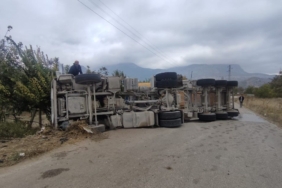 Bilecik’te virajı alamayan kamyon devrilirken, sürücüsü yaralandı