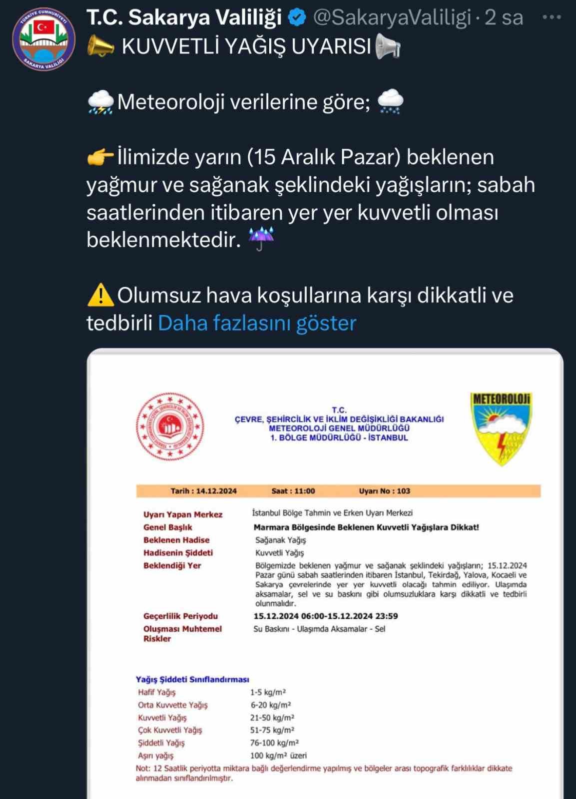 Sakarya’da kuvvetli yağış uyarısı