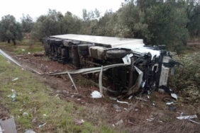 Yabancı plakalı tır karşı şeride geçerek hendeğe yuvarlandı