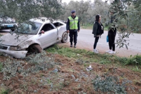 Kontrolden çıkan otomobil, zeytinliğe uçtu
