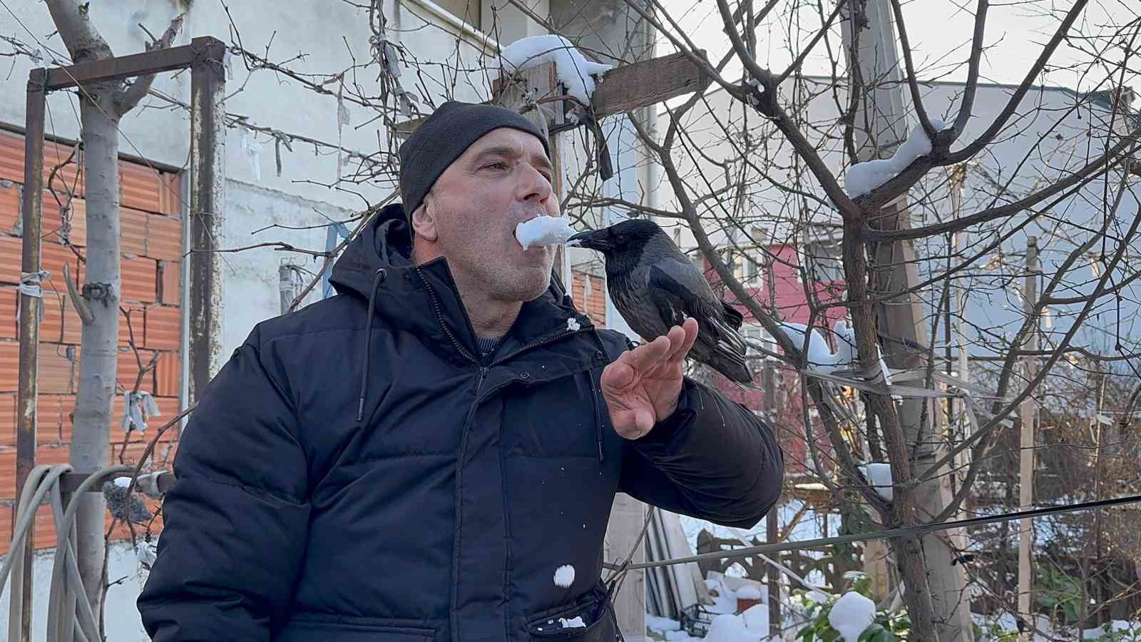 Karganın kar banyosu keyfi: "Bir tek şampuanı eksik"