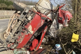 Ağaçları devirip yan yatan kamyonet kağıt gibi ezildi: 2 yaralı