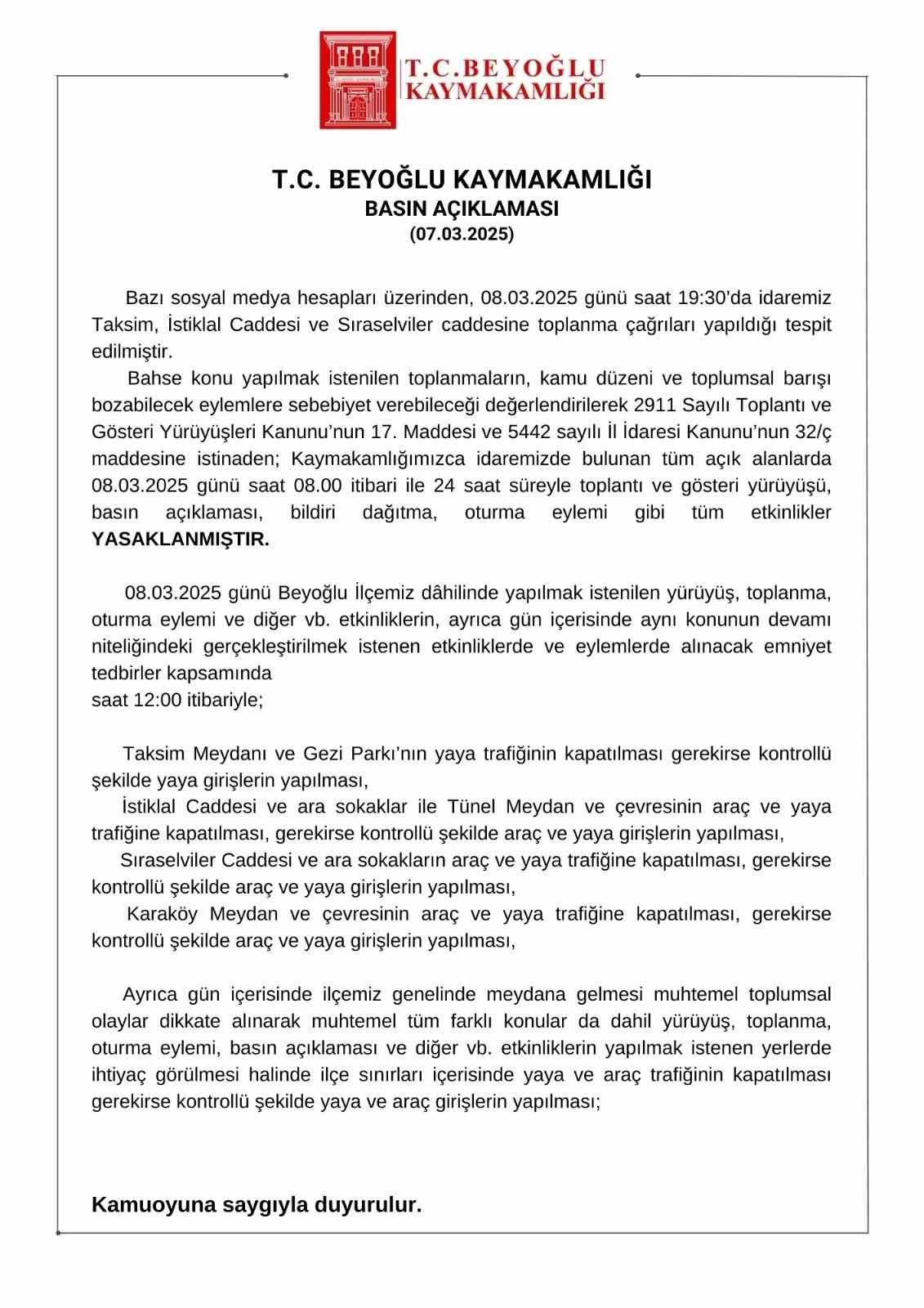 Beyoğlu Kaymakamlığı’ndan 8 Mart kararı: "24 saat süreyle gösteri yürüyüşü gibi tüm etkinlikler yasaklanmıştır"