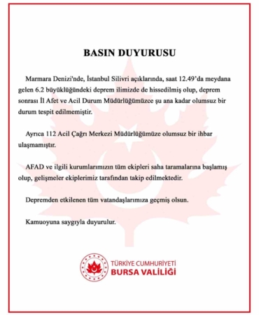 Depremle ilgili Bursa Valiliği’nden açıklama