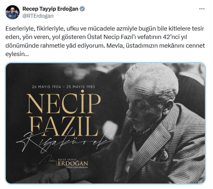 Cumhurbaşkanı Erdoğan’dan Necip Fazıl Kısakürek paylaşımı