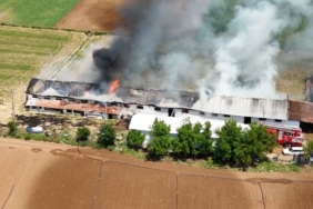 Hayvan çiftliğindeki büyük yangın havadan görüntülendi