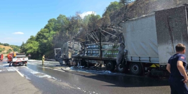 Motor yağı yüklü tır alev alev yandı, ormana sıçrayan yangın güçlükle söndürüldü