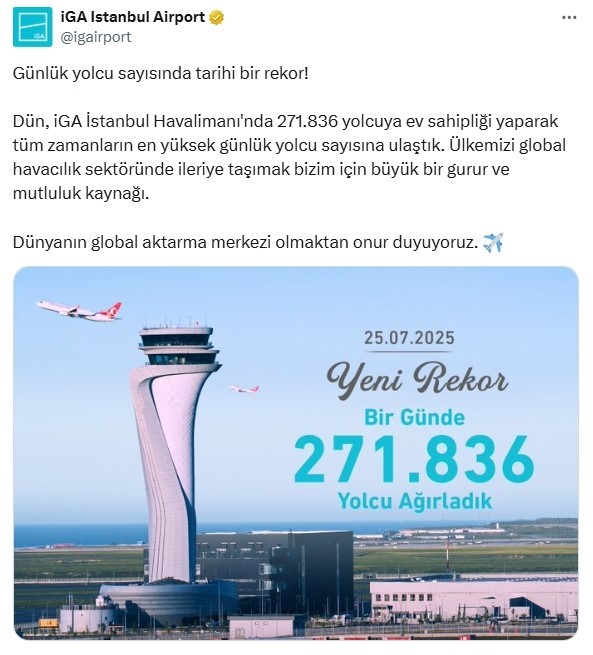 İGA İstanbul Havalimanı’nda yolcu rekoru kırıldı