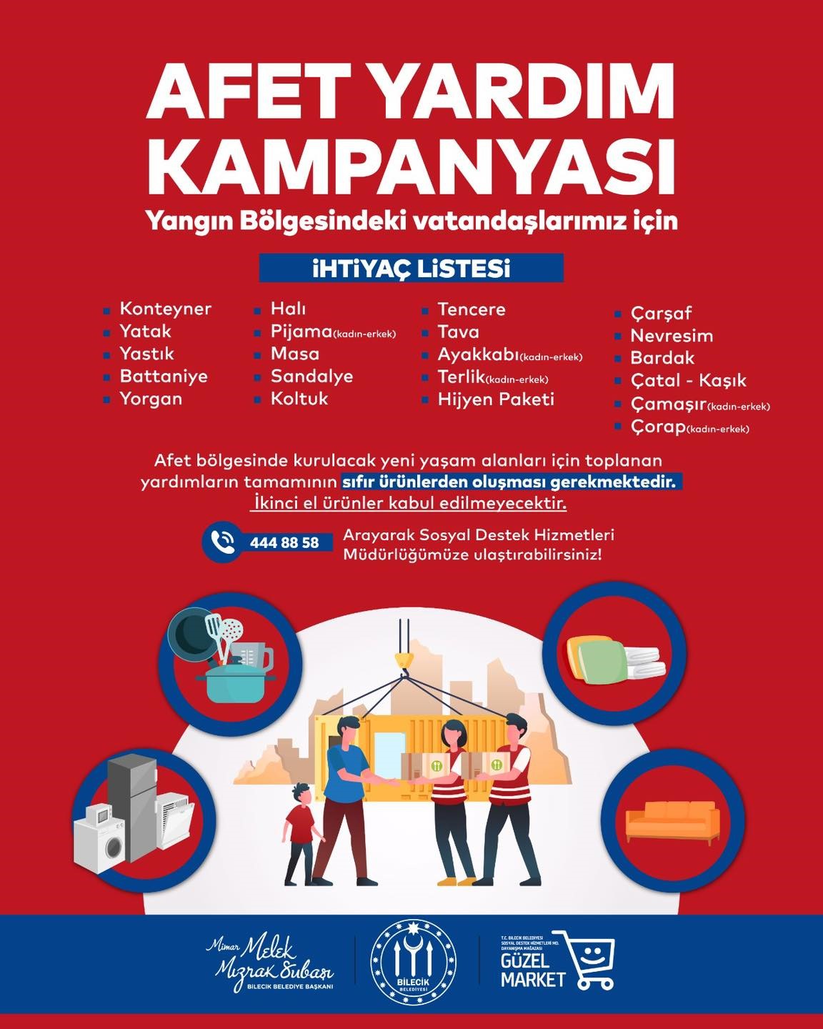 Bilecik Belediyesi’nden yangın afetine uğrayanlar için yardım kampanyası