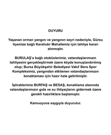 Bursa’da yangın sebebiyle Karahıdır Mahallesi boşaltılıyor