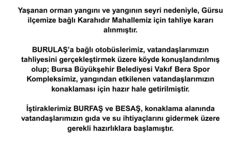 Bursa’da yangın sebebiyle Karahıdır Mahallesi boşaltılıyor