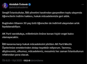 AK Parti İstanbul İl Başkanı Özdemir’den müjde: "30 yaş üstü öğrenciler indirimli ulaşımdan faydalanacak"