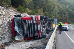 Kontrolden çıkan yem yüklü tır devrildi