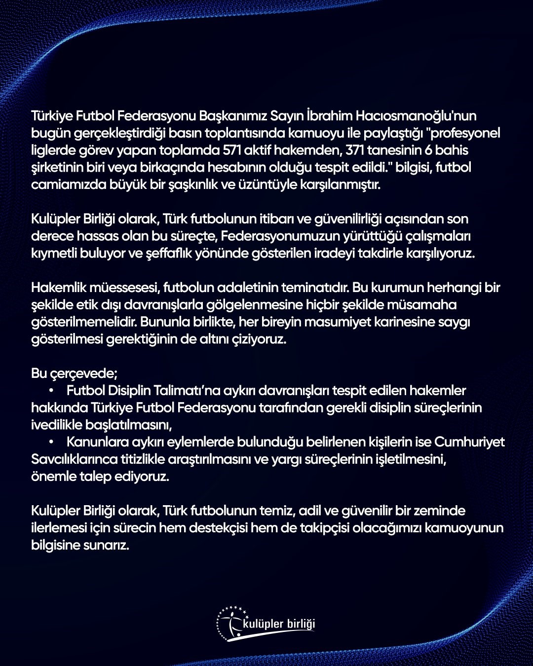 Kulüpler Birliği’nden TFF’ye destek